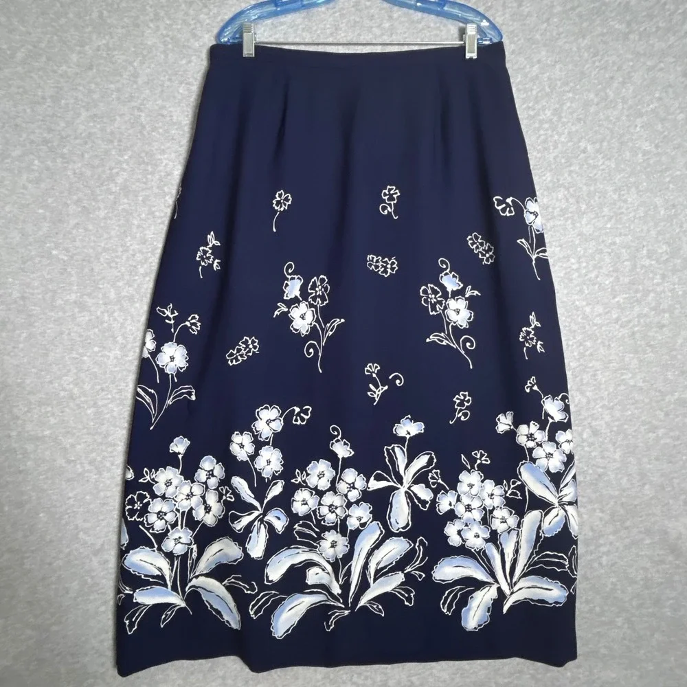 VTG Laura Scott Maxi Skirt Womens 18W Navy Blue Floral Border Print Cottagecore